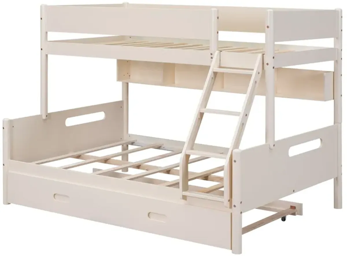 Wood Twin Over Full Bunk Bed With Storage Shelves And Twin Size Trundle - Cream