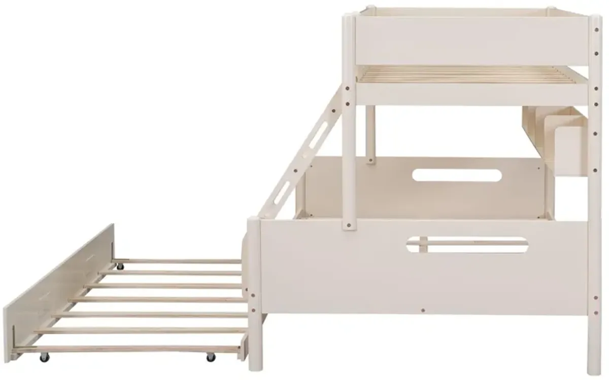 Wood Twin Over Full Bunk Bed With Storage Shelves And Twin Size Trundle - Cream