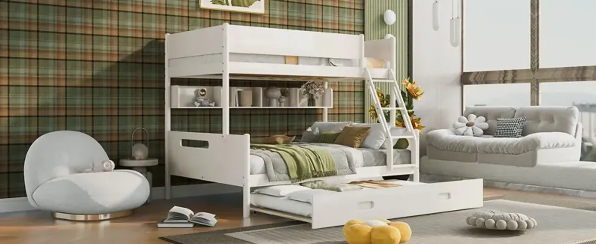 Wood Twin Over Full Bunk Bed With Storage Shelves And Twin Size Trundle - Cream