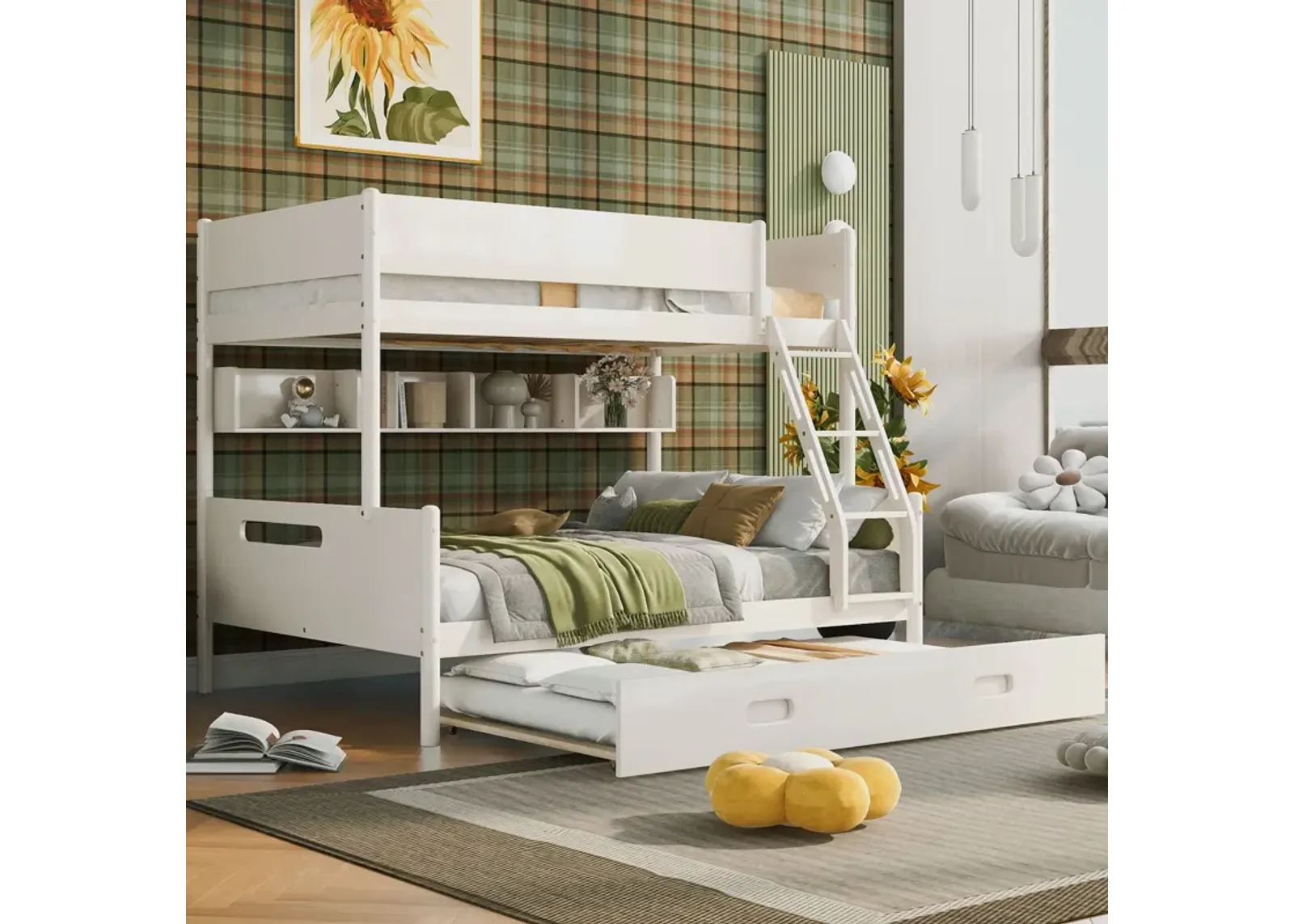 Wood Twin Over Full Bunk Bed With Storage Shelves And Twin Size Trundle - Cream