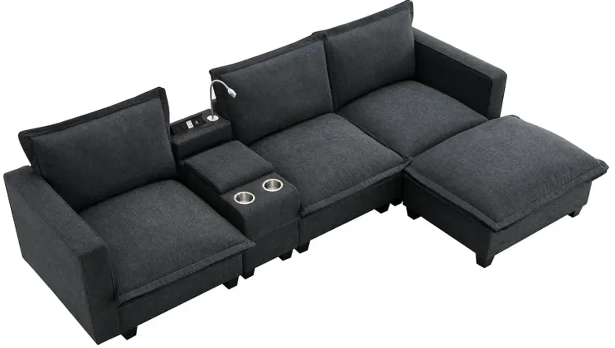 Modern Sectional Cloud Sofa With Console, USB Charging Port, Reading Light, Cup Holder, 4 Seat Chenille Modular Couch, Storable Indoor Funiture For Living Room, Apartment