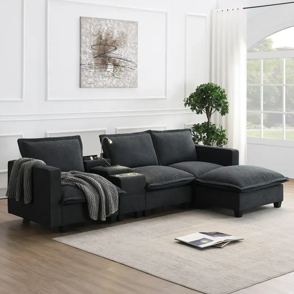 Modern Sectional Cloud Sofa With Console, USB Charging Port, Reading Light, Cup Holder, 4 Seat Chenille Modular Couch, Storable Indoor Funiture For Living Room, Apartment