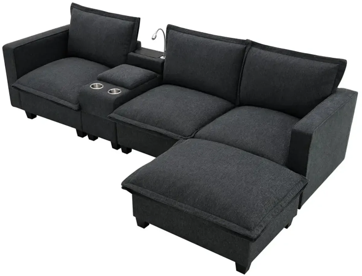 Modern Sectional Cloud Sofa With Console, USB Charging Port, Reading Light, Cup Holder, 4 Seat Chenille Modular Couch, Storable Indoor Funiture For Living Room, Apartment