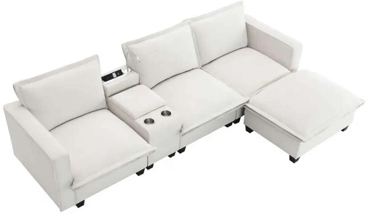 Modern Sectional Cloud Sofa With Console, USB Charging Port, Reading Light, Cup Holder, 4 Seat Chenille Modular Couch, Storable Indoor Funiture For Living Room, Apartment