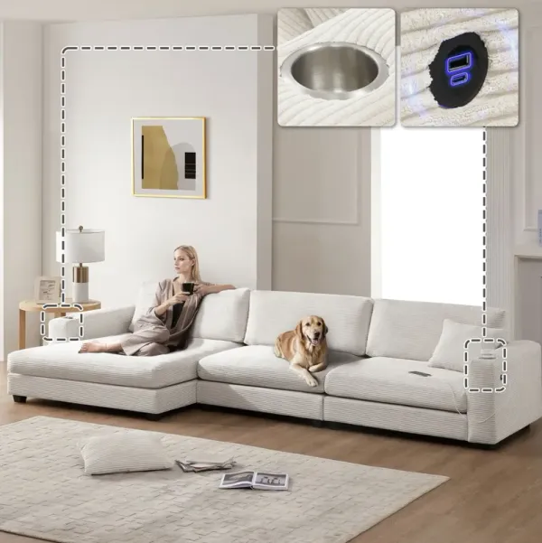 Oversized Corduroy Sectional Sofa, L Shaped Cloud Couch With USB Charging Port, Cup Holder, Deep Seat Sofa Bed With 50" Chaise, Comfy Indoor Furniture For Living Room