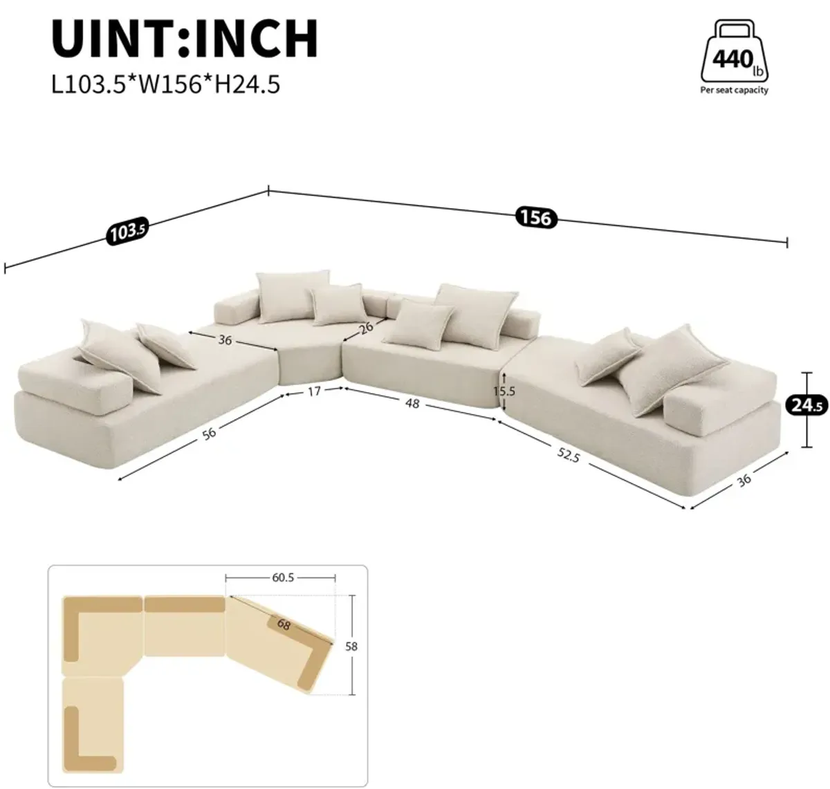 Oversized Modular Sectional Sofa, Luxury Boucle Floor Couch Set, Convertible Sleeper Couch, Spacious Foam-Filled Sofa Bed For Living Room