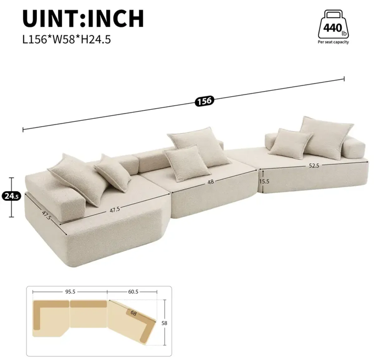 Oversized Modular Sectional Sofa, Luxury Boucle Floor Couch Set, Convertible Sleeper Couch, Spacious Foam-Filled Sofa Bed For Living Room