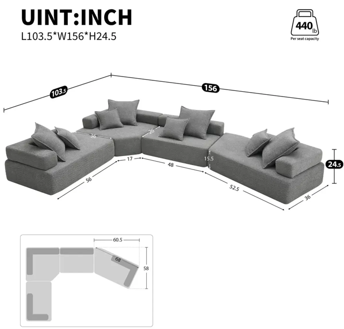 Oversized Modular Sectional Sofa, Luxury Boucle Floor Couch Set, Convertible Sleeper Couch, Spacious Foam-Filled Sofa Bed For Living Room