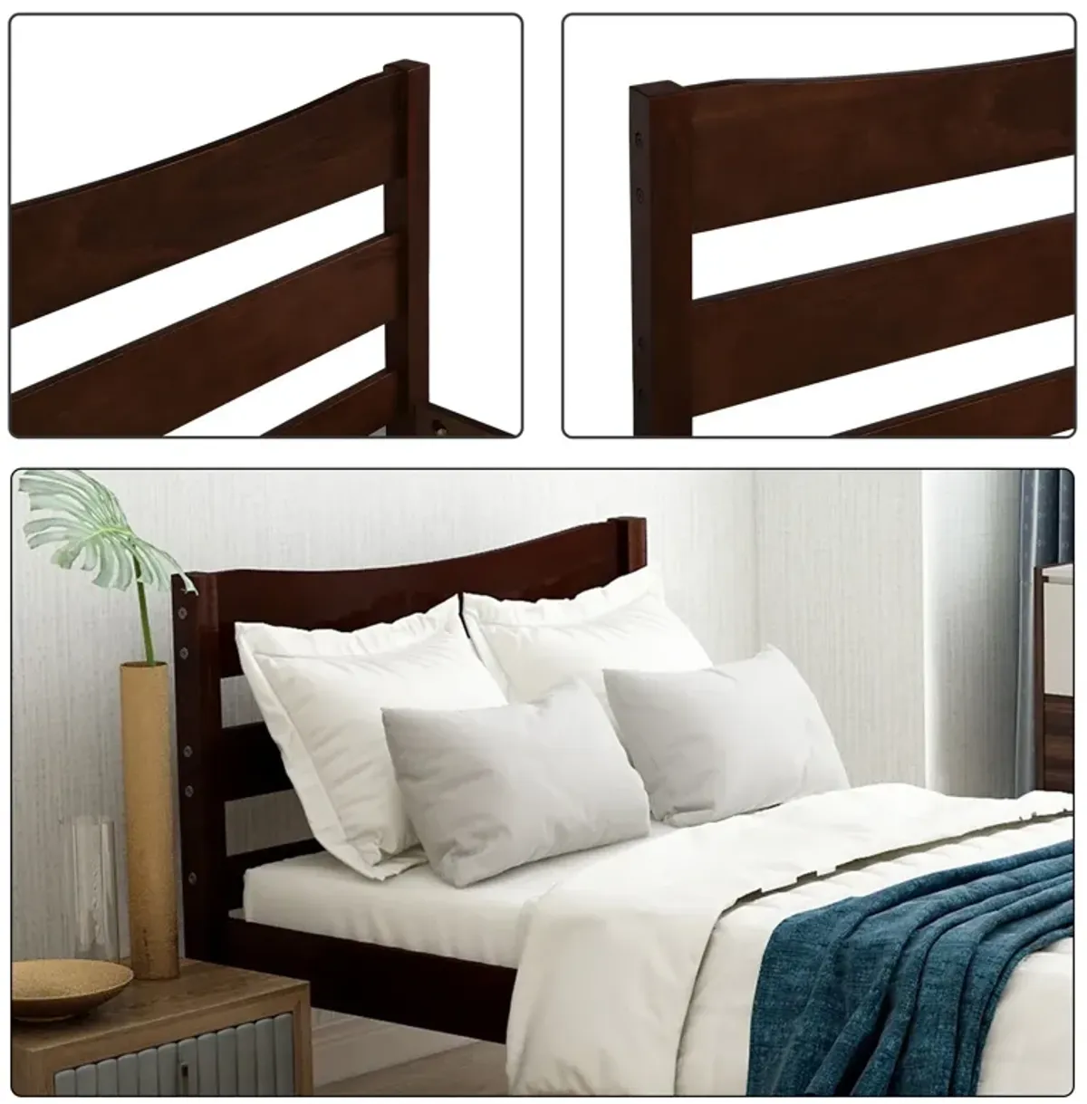 Twin Size Platform Bed With Headboard And Wooden Slat Support