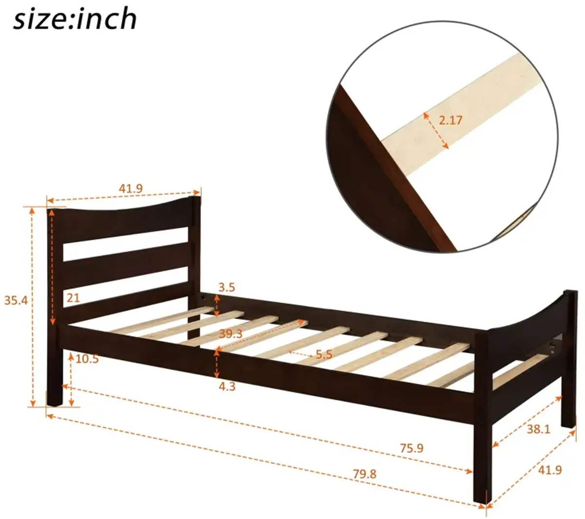 Twin Size Platform Bed With Headboard And Wooden Slat Support