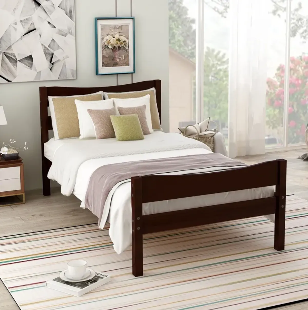 Twin Size Platform Bed With Headboard And Wooden Slat Support