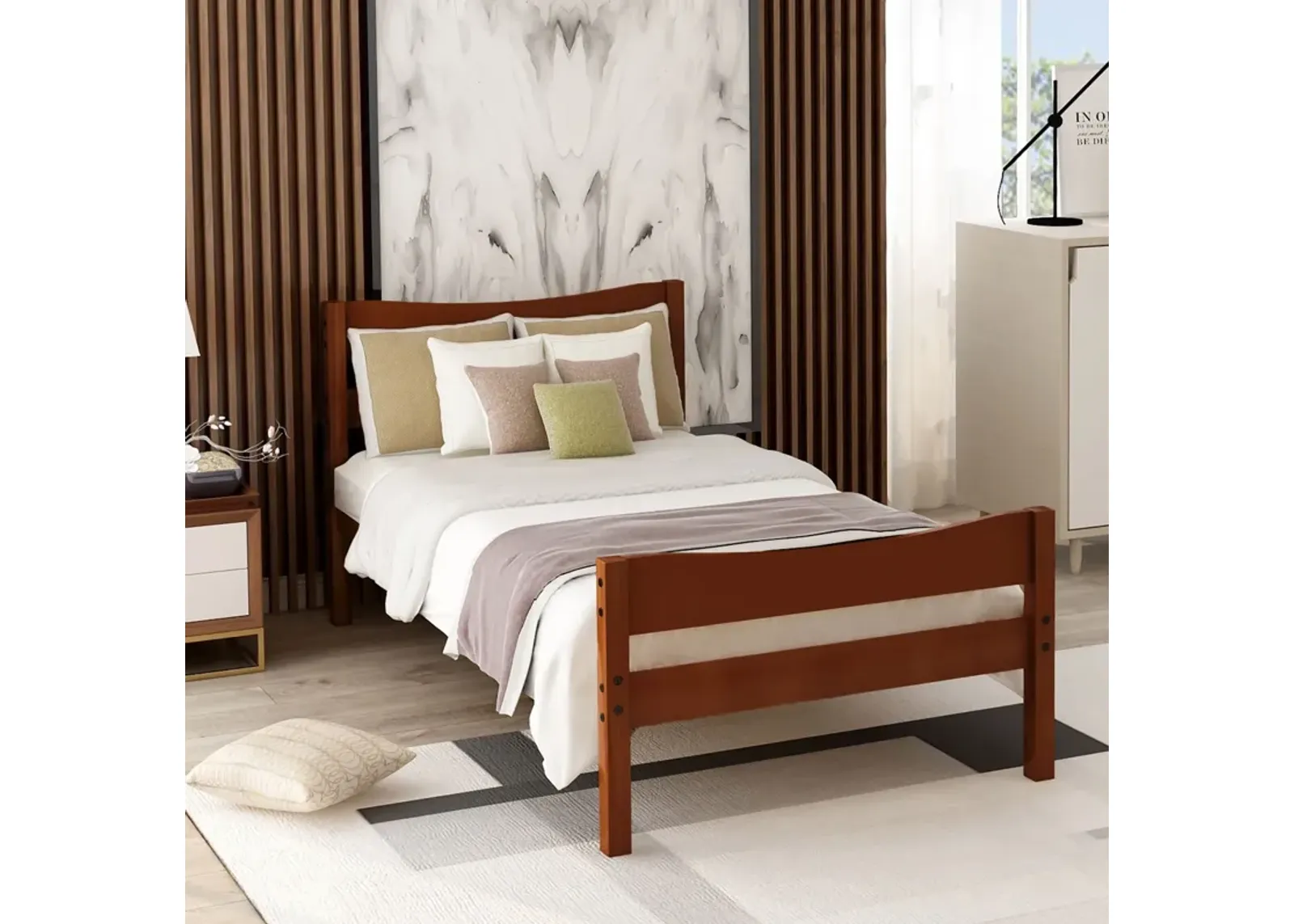 Twin Size Platform Bed With Headboard And Wooden Slat Support