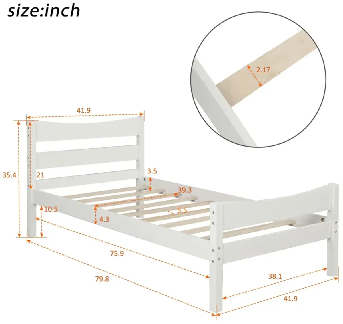 Twin Size Platform Bed With Headboard And Wooden Slat Support