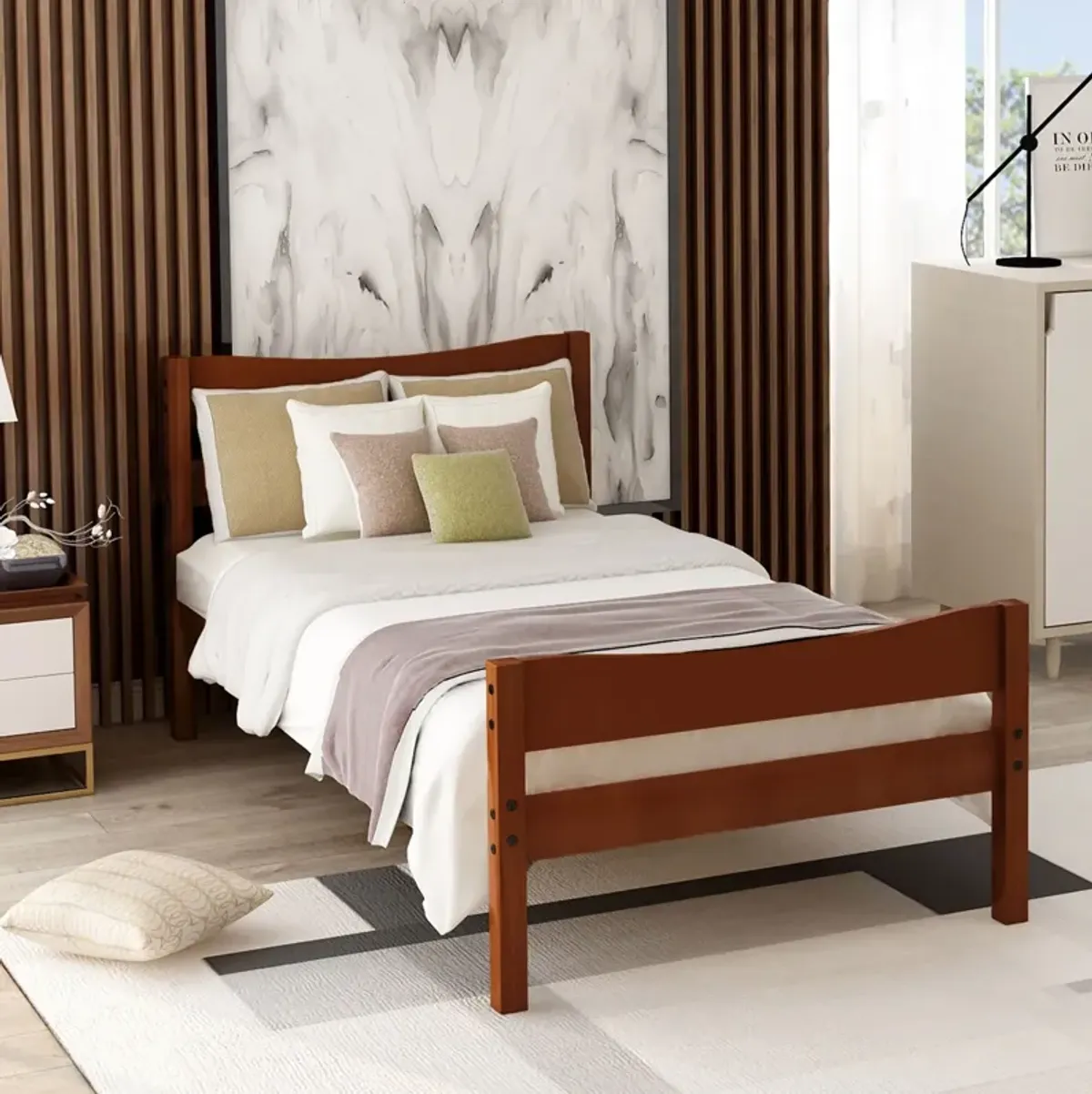 Twin Size Platform Bed With Headboard And Wooden Slat Support