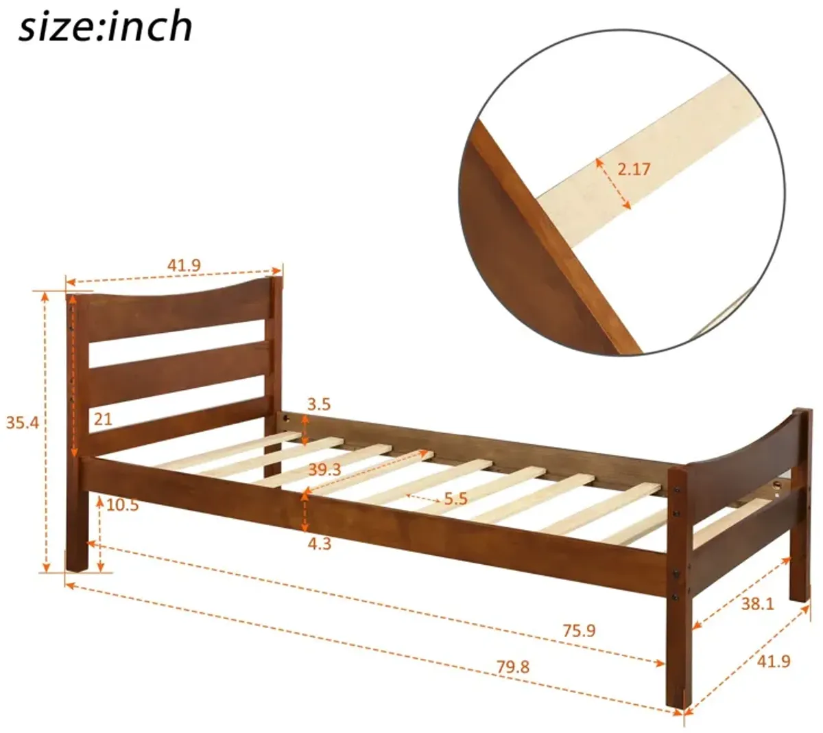 Twin Size Platform Bed With Headboard And Wooden Slat Support