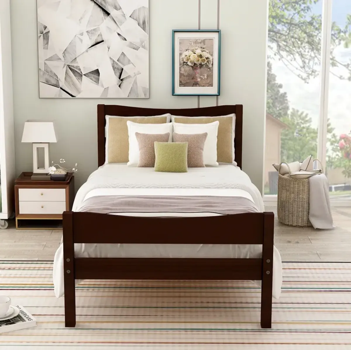 Twin Size Platform Bed With Headboard And Wooden Slat Support