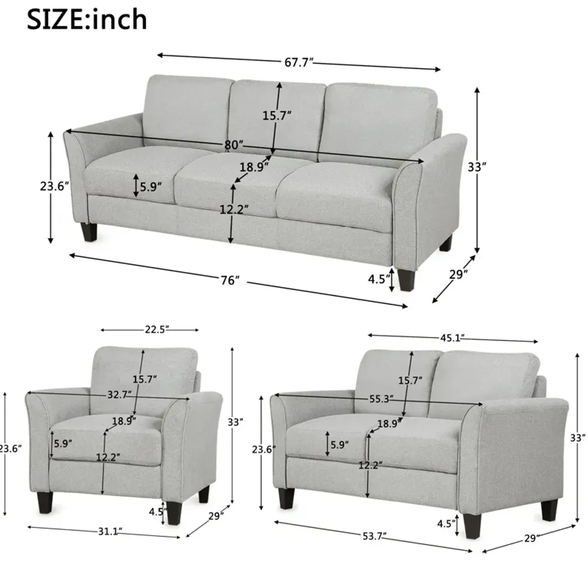 Living Room Sets Furniture Armrest Sofa Single Chair Sofa Loveseat Chair 3 Seat Sofa (Chair Loveseat Chair & 3 Seat Sofa)