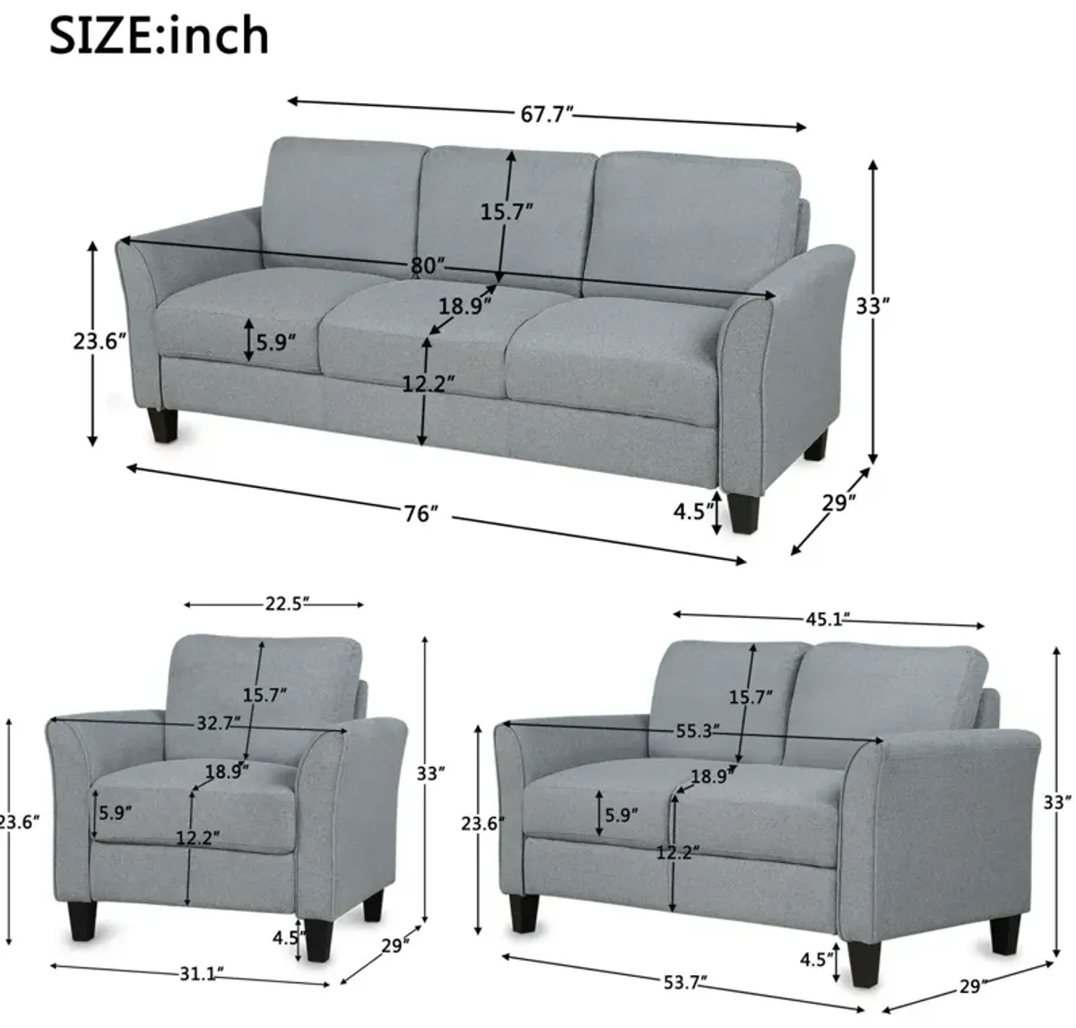 Living Room Sets Furniture Armrest Sofa Single Chair Sofa Loveseat Chair 3 Seat Sofa (Chair Loveseat Chair & 3 Seat Sofa)