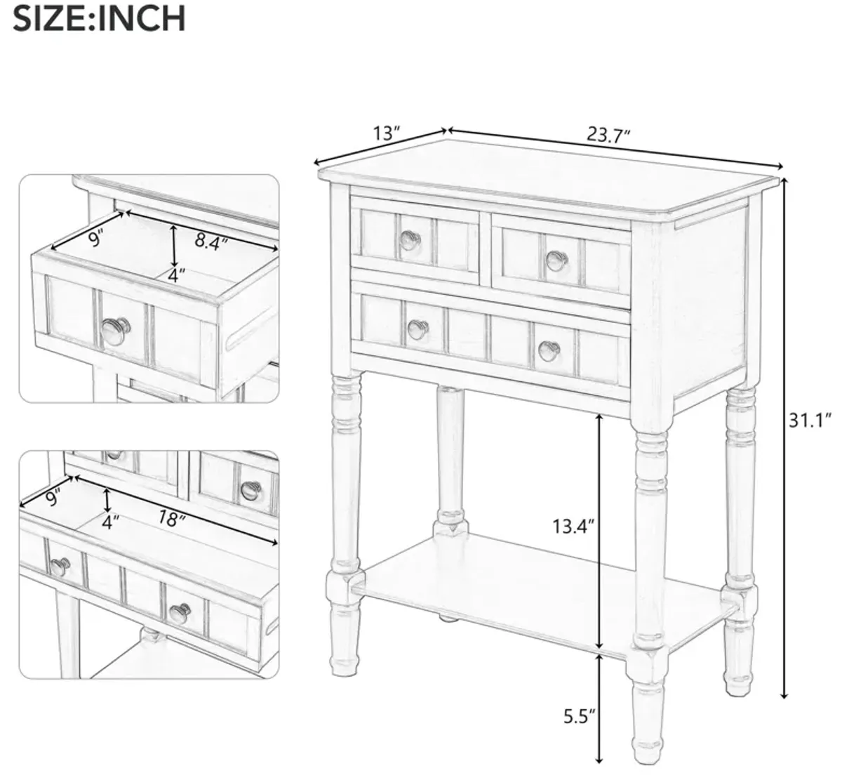 Narrow Console Table, Slim Sofa Table With Three Storage Drawers And Bottom Shelf