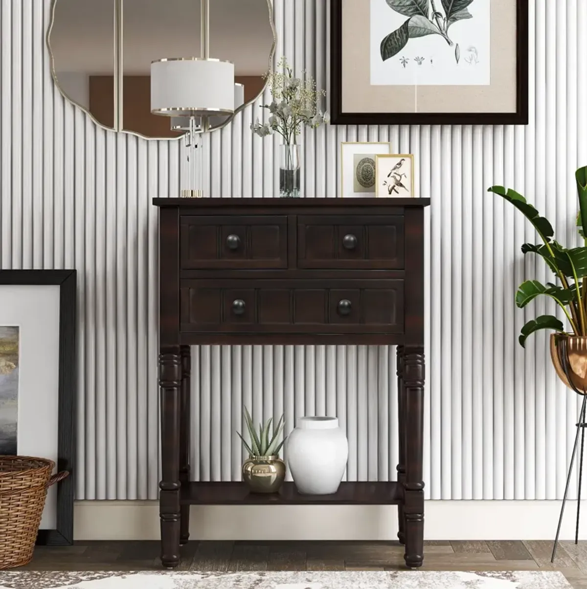 Narrow Console Table, Slim Sofa Table With Three Storage Drawers And Bottom Shelf