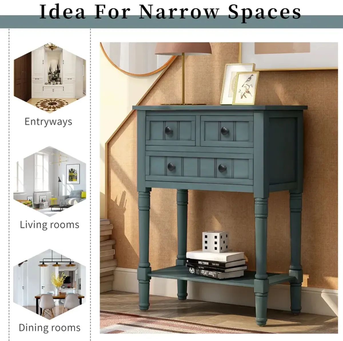 Narrow Console Table, Slim Sofa Table With Three Storage Drawers And Bottom Shelf