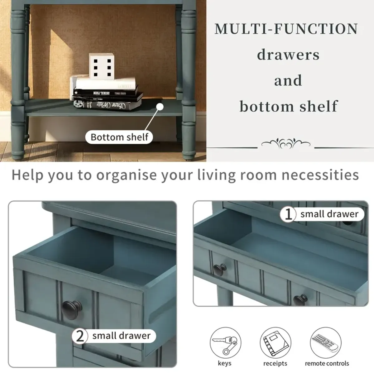 Narrow Console Table, Slim Sofa Table With Three Storage Drawers And Bottom Shelf