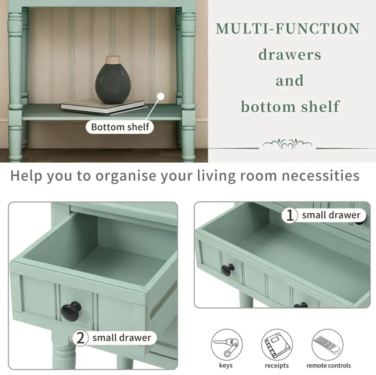 Narrow Console Table, Slim Sofa Table With Three Storage Drawers And Bottom Shelf