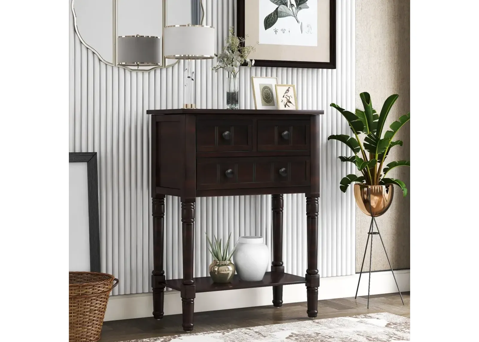 Narrow Console Table, Slim Sofa Table With Three Storage Drawers And Bottom Shelf