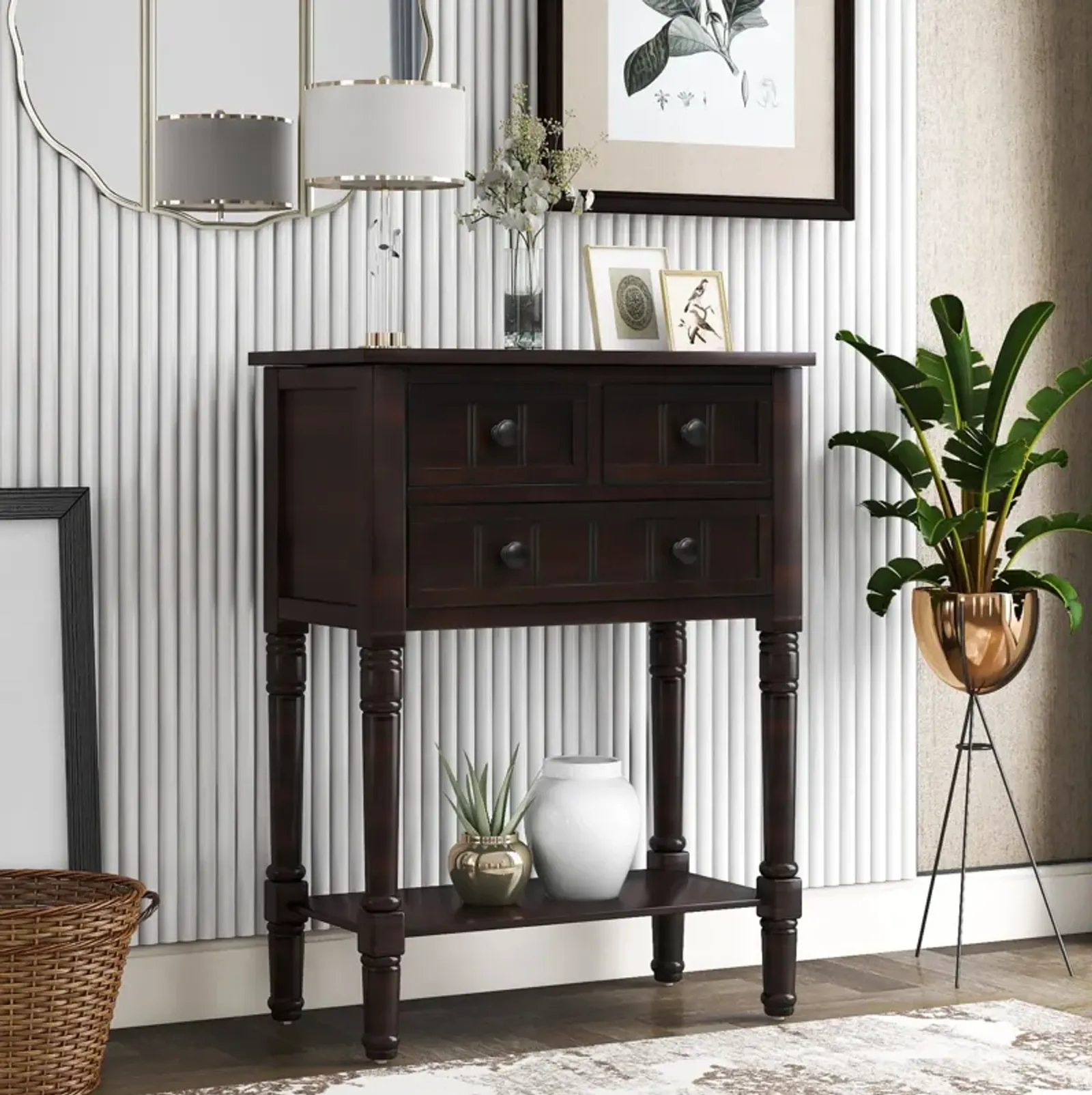 Narrow Console Table, Slim Sofa Table With Three Storage Drawers And Bottom Shelf