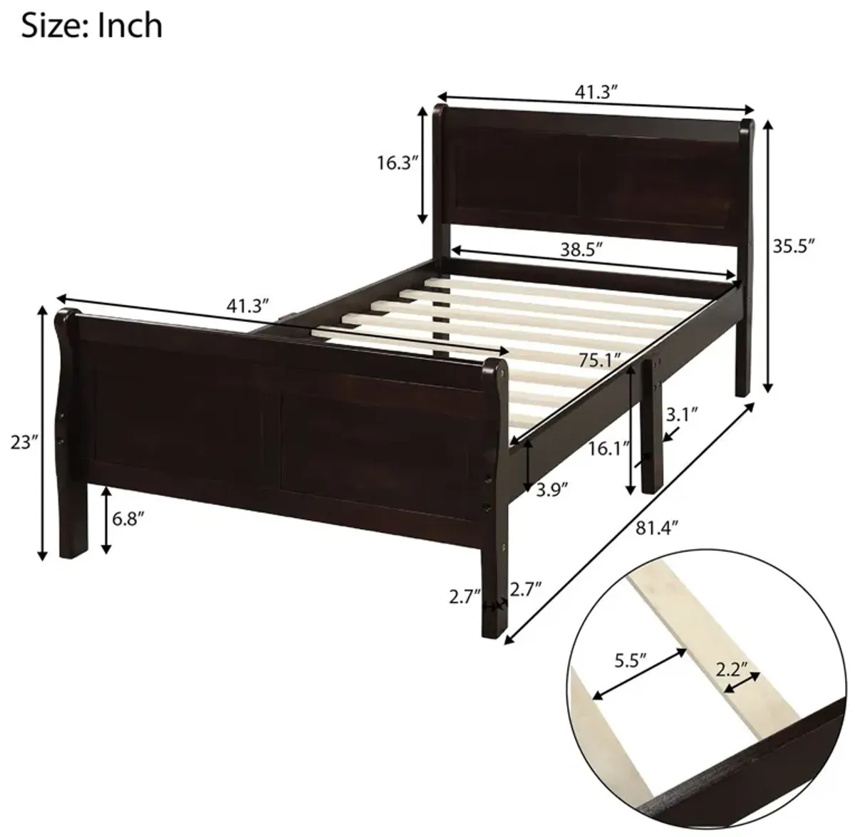 Twin Platform Bed Frame Mattress Foundation Sleigh Bed With Headboard / Footboard / Wood Slat Suppor