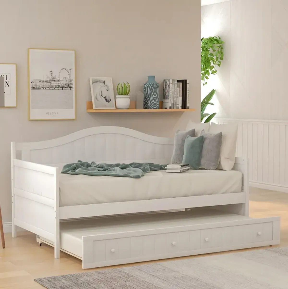 Wooden Daybed With Trundle Bed, Sofa Bed For Bedroom Living Room