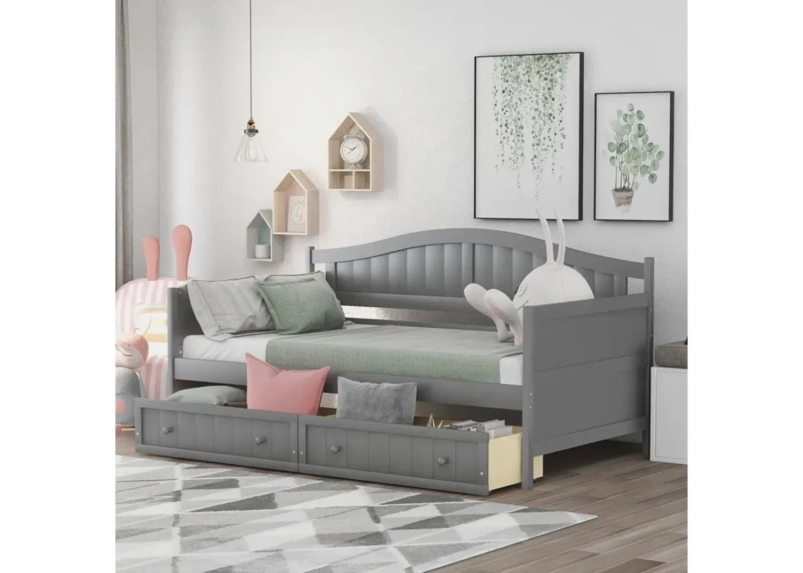 Wooden Daybed With 2 Drawers, Sofa Bed For Bedroom Living Room, No Box Spring Needed