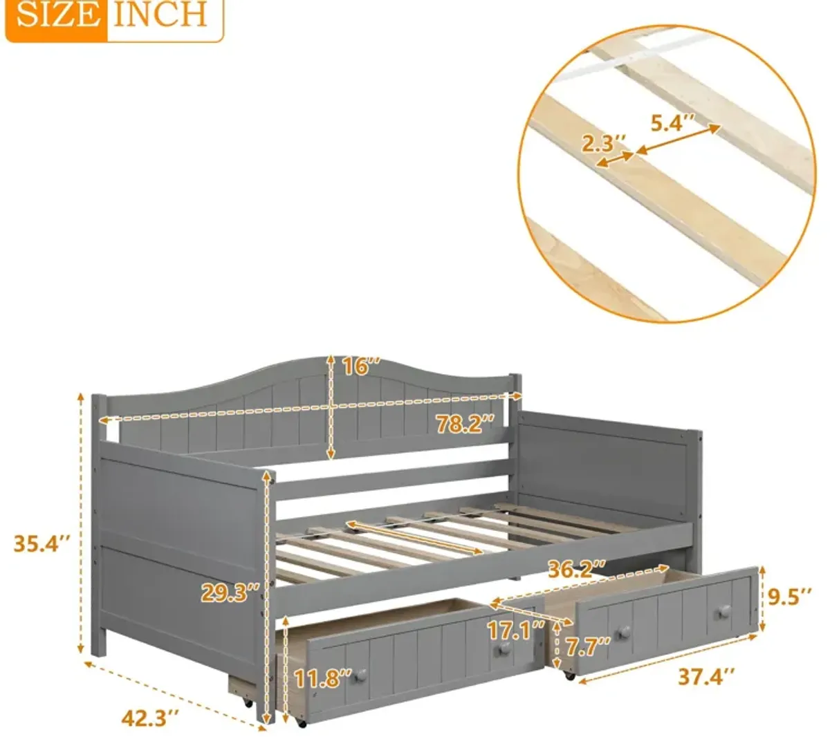 Wooden Daybed With 2 Drawers, Sofa Bed For Bedroom Living Room, No Box Spring Needed