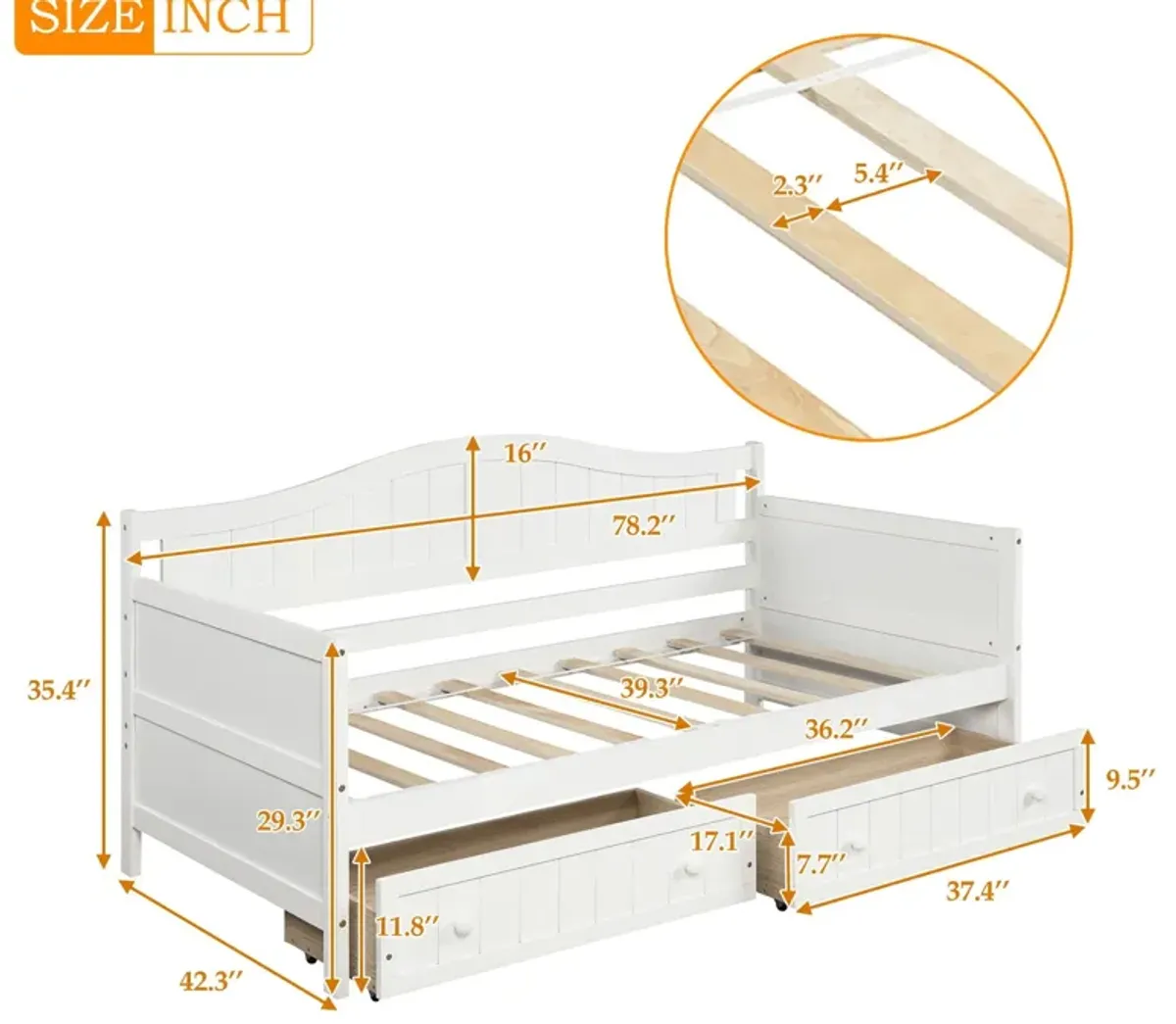 Wooden Daybed With 2 Drawers, Sofa Bed For Bedroom Living Room, No Box Spring Needed