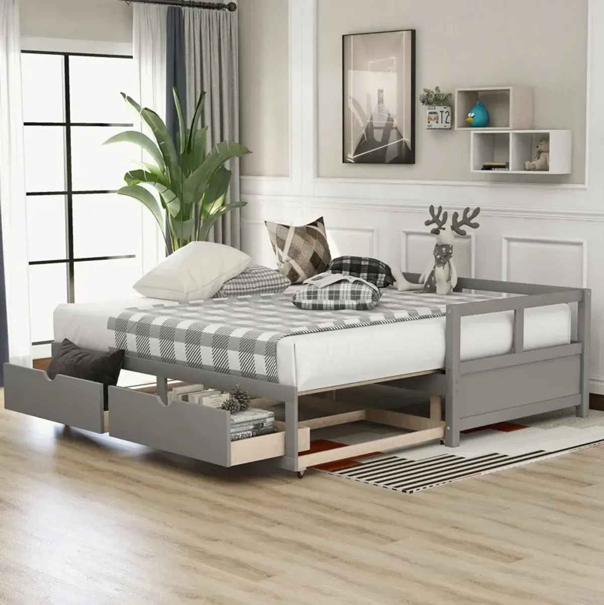 Wooden Daybed With Trundle Bed And Two Storage Drawers, Extendable Bed Daybed, Sofa Bed For Bedroom Living Room