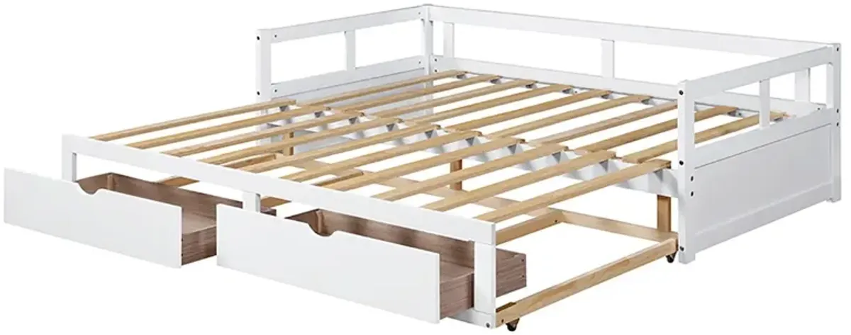 Wooden Daybed With Trundle Bed And Two Storage Drawers, Extendable Bed Daybed, Sofa Bed For Bedroom Living Room