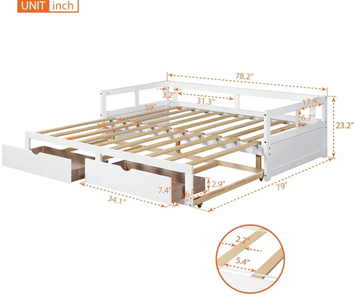 Wooden Daybed With Trundle Bed And Two Storage Drawers, Extendable Bed Daybed, Sofa Bed For Bedroom Living Room