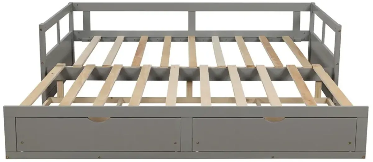 Wooden Daybed With Trundle Bed And Two Storage Drawers, Extendable Bed Daybed, Sofa Bed For Bedroom Living Room