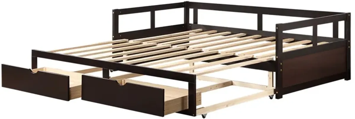 Wooden Daybed With Trundle Bed And Two Storage Drawers, Extendable Bed Daybed, Sofa Bed For Bedroom Living Room