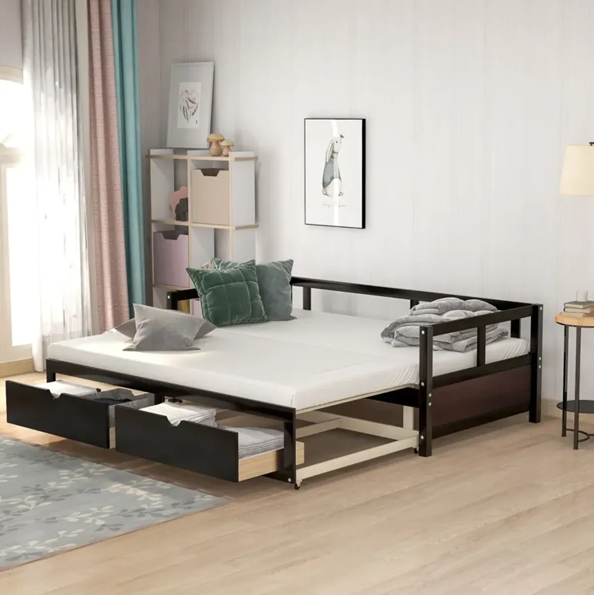 Wooden Daybed With Trundle Bed And Two Storage Drawers, Extendable Bed Daybed, Sofa Bed For Bedroom Living Room