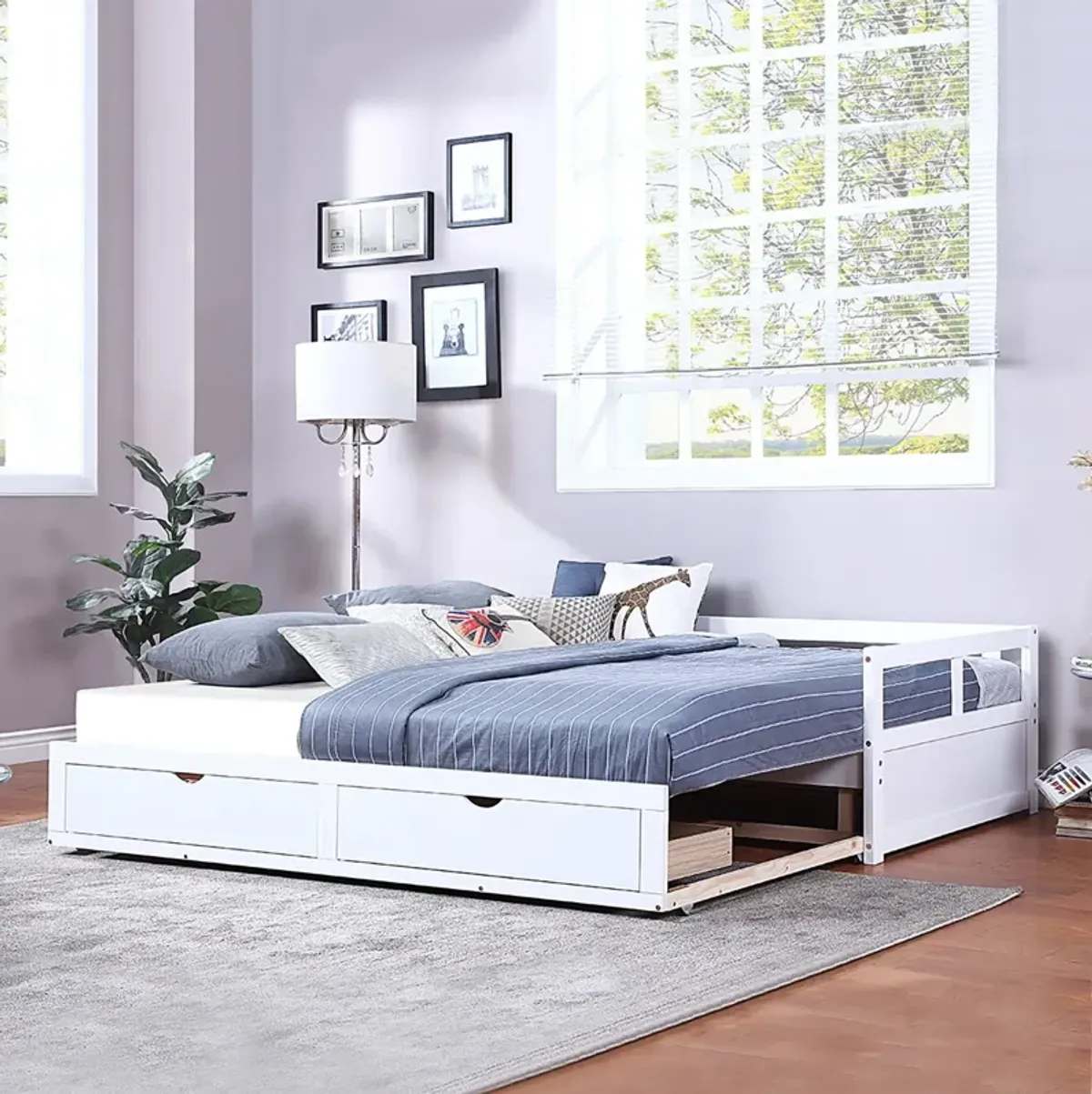 Wooden Daybed With Trundle Bed And Two Storage Drawers, Extendable Bed Daybed, Sofa Bed For Bedroom Living Room