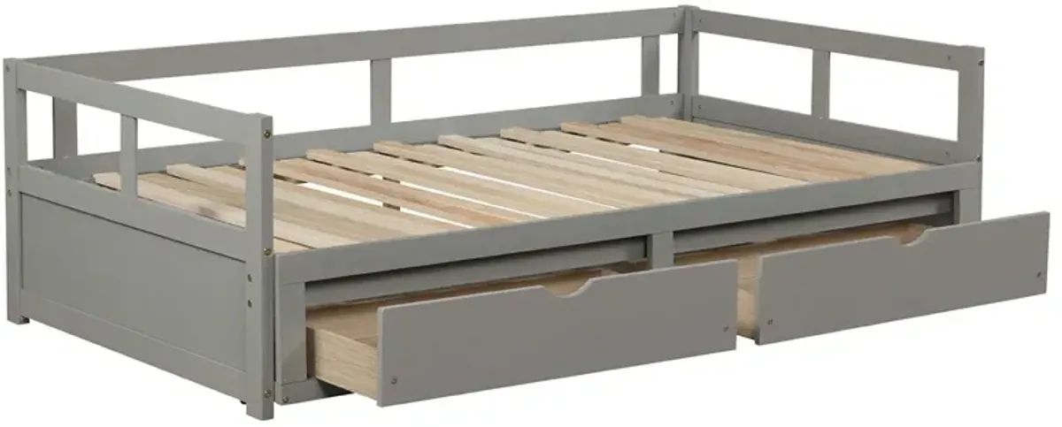 Wooden Daybed With Trundle Bed And Two Storage Drawers, Extendable Bed Daybed, Sofa Bed For Bedroom Living Room