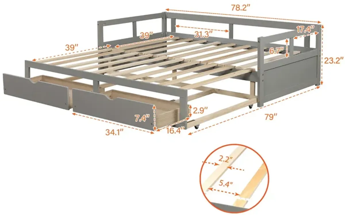 Wooden Daybed With Trundle Bed And Two Storage Drawers, Extendable Bed Daybed, Sofa Bed For Bedroom Living Room