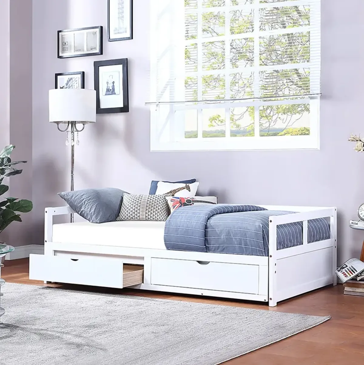 Wooden Daybed With Trundle Bed And Two Storage Drawers, Extendable Bed Daybed, Sofa Bed For Bedroom Living Room