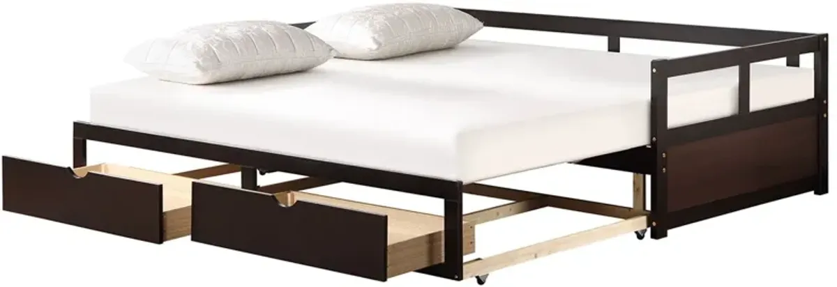 Wooden Daybed With Trundle Bed And Two Storage Drawers, Extendable Bed Daybed, Sofa Bed For Bedroom Living Room