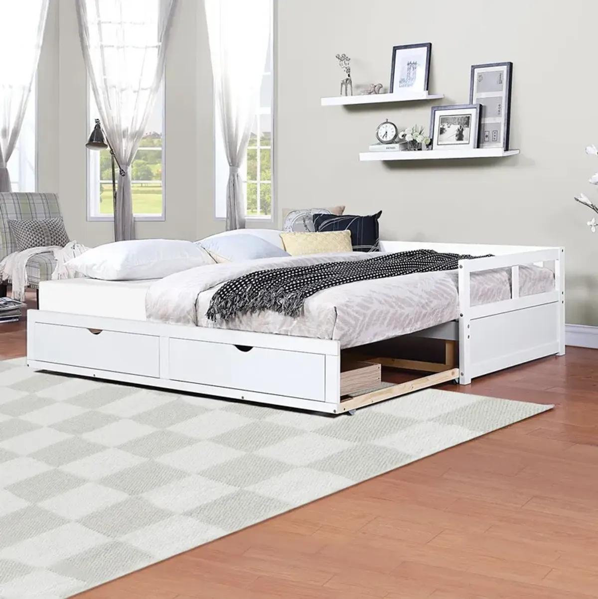 Wooden Daybed With Trundle Bed And Two Storage Drawers, Extendable Bed Daybed, Sofa Bed For Bedroom Living Room