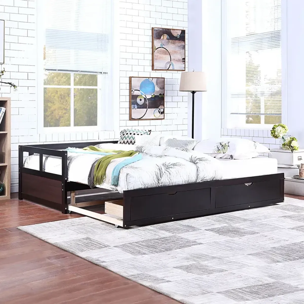 Wooden Daybed With Trundle Bed And Two Storage Drawers, Extendable Bed Daybed, Sofa Bed For Bedroom Living Room