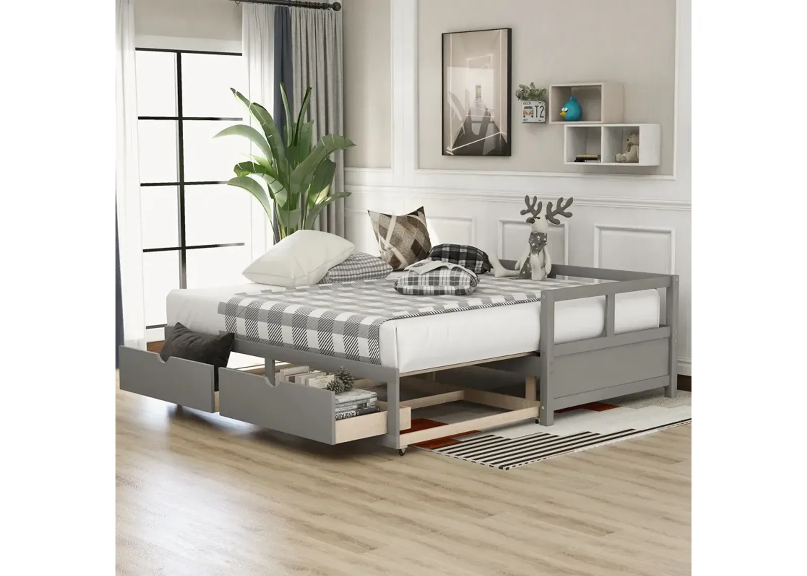 Wooden Daybed With Trundle Bed And Two Storage Drawers, Extendable Bed Daybed, Sofa Bed For Bedroom Living Room