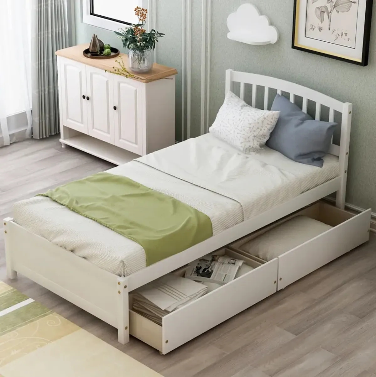 Platform Storage Bed Wood Bed Frame With Two Drawers And Headboard