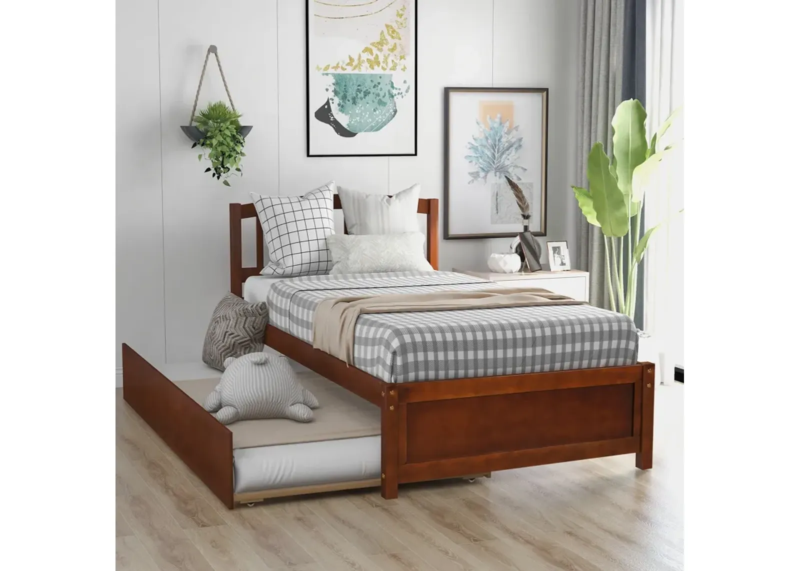 Twin Size Platform Bed Wood Bed Frame With Trundle